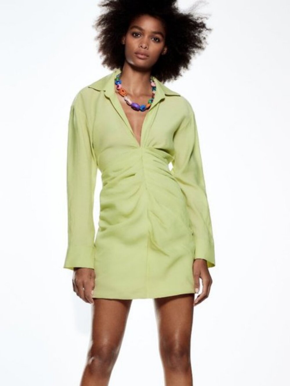 Zara Lime Green Ruched Mini Dress XS Long Sleeve Collared NWT Flawed